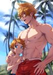  2boys abs age_difference blue_hair blue_sky brothers cloud freckles genshin_impact hand_on_another&#039;s_shoulder hand_on_another&#039;s_waist hand_on_own_hip highres hill looking_at_viewer male_focus male_swimwear multiple_boys muscular muscular_male navel nipples open_mouth orange_hair palm_tree pectorals pout red_male_swimwear siblings signature single_arm_hug size_difference sky tartaglia_(genshin_impact) teeth teucer_(genshin_impact) tnoqina tree upper_teeth_only 