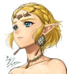  1girl bare_shoulders blonde_hair blue_eyes braid closed_mouth collarbone commentary_request crown_braid earrings eiwa floating_hair forehead jewelry lips looking_away necklace pink_lips pointy_ears princess_zelda short_hair signature simple_background solo the_legend_of_zelda the_legend_of_zelda:_tears_of_the_kingdom upper_body white_background 
