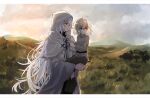  1boy 1girl :o aged_down ahoge artoria_pendragon_(fate) black_shirt border brown_footwear brown_pants capelet carrying center_frills child_carry cloud cowboy_shot fate/grand_order fate_(series) female_child frills from_side grass green_eyes grey_shirt hair_between_eyes highres hood hood_up hooded_capelet letterboxed long_hair looking_ahead looking_to_the_side medium_hair merlin_(fate) mountain nayu_tundora pants parted_lips profile purple_eyes robe shirt shoes smile tree turtleneck white_border white_capelet white_hair white_robe wide_sleeves 