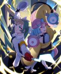  2girls ;d black_necktie blonde_hair blue_hair blurry bow-shaped_hair commentary_request electric_miku_(project_voltage) electricity from_side gloves green_hair grey_shirt hat hatsune_miku highres holding holding_clothes holding_hat iono_(pokemon) jacket jumpsuit long_hair long_sleeves mocacoffee_1001 multicolored_hair multiple_girls necktie one_eye_closed open_mouth pink_hair pokemon pokemon_sv project_voltage red_gloves shirt signature sleeveless sleeveless_shirt smile two-tone_hair vocaloid white_jumpsuit yellow_jacket 