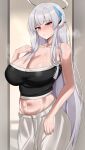  1girl absurdres alternate_costume black_tube_top blue_archive blush breasts cleavage collarbone commentary crop_top grey_hair grey_pants halo highres huge_breasts indoors k_0art long_hair looking_at_viewer navel noa_(blue_archive) pants purple_eyes solo steam steaming_body stomach straight_hair strapless sweat tube_top very_long_hair 