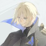  1boy armor black_cape black_shirt blonde_hair blue_cape blue_eyes cape closed_mouth dainsleif_(genshin_impact) diamond-shaped_pupils diamond_(shape) genshin_impact grey_background hair_between_eyes highres looking_to_the_side male_focus shirt short_hair shoulder_armor simple_background solo standing symbol-shaped_pupils two-sided_cape two-sided_fabric upper_body user_pjag7235 