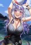  1girl absurdres animal_ears armpits arms_up ball beachball between_breasts black_choker black_one-piece_swimsuit blush bracelet breasts choker cleavage commentary_request cowboy_shot ear_ornament eyewear_on_head gold_ship_(run_revolt_launcher)_(umamusume) gold_ship_(umamusume) grey_hair highres holding holding_ball holding_beachball horse_ears horse_girl horse_tail jewelry large_breasts long_hair official_alternate_costume one-piece_swimsuit open_mouth outdoors pendant_choker pink_eyes po_musubi smile solo strap_between_breasts swimsuit tail teeth umamusume upper_teeth_only wet 