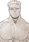  1boy artist_request bara beard beard_stubble boku_no_hero_academia endeavor_(boku_no_hero_academia) facial_hair highres large_pectorals looking_at_viewer male_focus mature_male monochrome muscular muscular_male mustache_stubble nude parted_lips pectorals scar scar_across_eye short_hair sideburns solo sparse_chest_hair spiked_hair stubble thick_eyebrows upper_body 