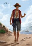  1boy absurdres artist_name beach bird black_eyes black_hair clenched_hand cloud day donsrice full_body hat highres jewelry looking_at_viewer male_focus monkey_d._luffy necklace one_piece open_clothes open_shirt outdoors rock sand sandals seagull shadow ship shorts smile solo straw_hat sun_hat watercraft wristband 