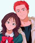  1boy 1girl absurdres akagi_haruko black_shirt blue_background brown_eyes brown_hair closed_mouth couple highres hood hoodie leaning_on_person looking_at_viewer medium_hair red_hair red_ribbon ribbon sakuragi_hanamichi school_uniform sebin_13 shirt short_hair slam_dunk_(series) upper_body white_hoodie 