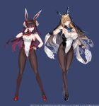  2girls animal_ears azur_lane black_footwear black_hair black_leotard black_pantyhose black_sailor_collar blonde_hair blue_background blue_neckerchief breasts cleavage colored_inner_hair covered_navel fake_animal_ears full_body habit hair_between_eyes hand_on_own_hip highres implacable_(azur_lane) large_breasts leotard multicolored_hair multiple_girls neckerchief nun official_art pantyhose parted_lips playboy_bunny purple_hair rabbit_ears red-framed_eyewear red_footwear red_leotard red_neckerchief sailor_collar shiokonbu simple_background smile suruga_(azur_lane) two-tone_leotard white_leotard wrist_cuffs 