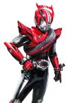  1boy belt belt-san compound_eyes contrapposto drive_driver gloves highres kamen_rider kamen_rider_drive kamen_rider_drive_(series) male_focus masukudo_(hamamoto_hikaru) red_armor red_belt rider_belt shift_brace shift_car solo standing tire type_speed white_background white_eyes 