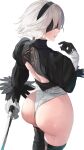  1girl ass asurada_yui back black_blindfold black_gloves black_thighhighs blindfold breasts feather-trimmed_sleeves gloves grin hairband highleg highleg_leotard highres juliet_sleeves katana large_breasts leotard long_sleeves looking_back nier:automata nier_(series) parted_lips puffy_sleeves short_hair smile solo sword thighhighs turtleneck turtleneck_leotard virtuous_contract weapon white_hair white_leotard yorha_no._2_type_b 