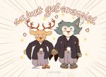  2022 3:4 anthro antlers beastars blush brown_body brown_fur brown_hair canid canine canis cervine clothed clothing deer digital_media_(artwork) duo embarrassed embrace fur furniture grey_body grey_fur grey_hair hair hand_holding horn hug koko2unite legoshi_(beastars) looking_at_viewer louis_(beastars) male mammal married_couple pourwatter red_deer shaded syalanko text traditional_dress traditional_japanese wedding wolf 