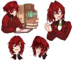  +_+ ange_katrina bookshelf cardigan hair_between_eyes hair_bun hair_intakes hair_ornament head_tilt highres looking_at_viewer multiple_views nijisanji open_mouth own_hands_clasped own_hands_together red_cardigan red_hair short_hair smile sweatdrop virtual_youtuber white_background yougyotobono 