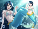  1girl :d air_bubble awono_nanaumi bikini blue_hair breasts bubble cleavage collarbone commentary_request fukami_nana full_body green_eyes hair_flaps highres large_breasts looking_at_viewer mermaid monster_girl multiple_views navel open_mouth original short_hair smile swimsuit teeth underwater upper_teeth_only 