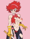  1girl absurdres breasts choker clenched_teeth clothing_cutout cutie_honey cutie_honey_(character) gloves hairband highres kooni medium_breasts navel nipples pink_background red_eyes red_hair scratches short_hair simple_background solo sword teeth torn_clothes weapon 