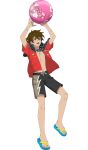  1boy ahoge arms_up ball bandaid bandaid_on_arm bandaid_on_face bandaid_on_knee bandaid_on_leg bandaid_on_nose beachball brown_hair english_commentary feet flip-flops full_body goggles goggles_around_neck hair_between_eyes hands_up highres kor_meteor legs male_swimwear navel official_art open_clothes open_shirt sandals solo swim_trunks tales_of_(series) tales_of_asteria tales_of_hearts teeth toenails toes topless_male upper_teeth_only 