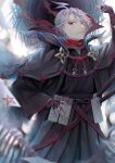  1boy ahoge black_cape black_eyes black_hakama blurry blurry_background cape fate/grand_order fate_(series) fingerless_gloves from_below gloves hair_between_eyes hakama hakama_pants hat highres holding holding_clothes holding_hat ichimichi_111 james_moriarty_(ruler)_(dream_portrait)_(fate) james_moriarty_(ruler)_(fate) japanese_clothes long_sleeves looking_at_viewer male_focus official_alternate_costume ofuda pants red_scarf scarf short_hair signature smile solo straw_hat talisman white_hair 