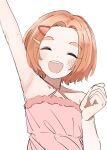  1girl absurdres arm_up armpits blush child clenched_hand closed_eyes collarbone commentary_request dot_nose facing_viewer flat_chest hair_ornament hairclip highres idolmaster idolmaster_cinderella_girls meeeeeeco359 open_mouth orange_hair parted_bangs pink_shirt ryuzaki_kaoru shirt short_hair smile solo teeth thick_eyebrows upper_body upper_teeth_only white_background 