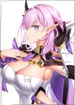  1girl :d absurdres arm_up armpits bangs blue_eyes breasts brown_gloves cleavage elf elysia_(honkai_impact) elysia_(miss_pink_elf)_(honkai_impact) gloves grin hair_ornament highres honkai_(series) honkai_impact_3rd kei_(soundcross) large_breasts long_hair pink_hair pointy_ears shirt simple_background single_glove smile teeth upper_body white_background white_shirt 