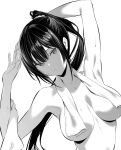  1girl armpits bare_shoulders black_hair breasts collarbone hair_ornament hair_scrunchie haitekudasai_takamine-san highres hiiragi_yuuichi large_breasts monochrome naked_towel ponytail scrunchie shadow sweat takamine_takane towel towel_around_neck upper_body 