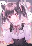  1girl animal_ears azarashi6 candy cat_ears corset drill_hair food frilled_shirt_collar frills hair_ornament highres lollipop nail_polish original pink_ribbon puffy_sleeves ribbon shirt twin_drills white_shirt 