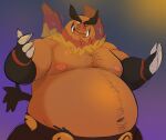  2023 anthro belly big_belly black_body dippubear emboar generation_5_pokemon hi_res male moobs navel nintendo nipples one_eye_closed orange_body overweight overweight_male pokemon pokemon_(species) simple_background solo wink 