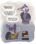 anthro book claws clothed clothing countershade_face countershade_fur countershading english_text eyebrows fingers fur hi_res male purple_body purple_fur question_mark reading solo text thepurp 