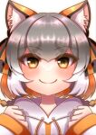  1girl absurdres animal_ears extra_ears fox_ears fox_girl grey_hair highres hikarikmy hood hoodie island_fox_(kemono_friends) kemono_friends kemono_friends_v_project long_hair looking_at_viewer multicolored_hair orange_hair ribbon simple_background smile solo two-tone_hair upper_body virtual_youtuber yellow_eyes 