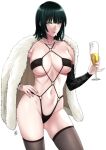  alcohol breasts champagne champagne_flute cup dark_green_hair drinking_glass earrings fubuki_(one-punch_man) fur_trim green_eyes highres holding holding_cup jewelry large_breasts looking_at_viewer navel necklace one-punch_man pearl_necklace short_hair thighhighs xter 
