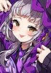  1girl black_hoodie braid fumi_(fumibeing) grey_hair headphones hololive hood hoodie long_hair murasaki_shion murasaki_shion_(school_uniform) necktie orange_eyes portrait purple_necktie tongue tongue_out virtual_youtuber 