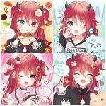  1girl black_choker black_horns blue_eyes blush burger choker crescent crescent_hair_ornament eating fang food food_on_face frilled_sailor_collar frilled_sleeves frills hair_ornament heterochromia highres horns long_hair long_sleeves multiple_views nanoda_ham nijisanji one_eye_closed open_mouth pink_sailor_collar red_eyes red_hair sailor_collar two_side_up virtual_youtuber yuzuki_roa yuzuki_roa_(1st_costume) 