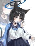  1girl animal_ears black_eyes black_hair black_nails black_sailor_collar black_skirt blue_archive blue_halo blue_neckerchief blue_skirt blush cat_ears cat_tail closed_mouth dragonchicken02 fingernails halo haori highres japanese_clothes kikyou_(blue_archive) long_sleeves looking_at_viewer multiple_tails multiple_views nail_polish neckerchief pleated_skirt sailor_collar school_uniform serafuku shirt short_hair simple_background skirt solo tail two_tails white_background white_shirt zoom_layer 