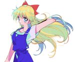  1girl aino_minako bishoujo_senshi_sailor_moon blonde_hair blue_eyes blue_overalls blush bow hair_bow highres long_hair looking_at_viewer open_mouth overalls pochi_(askas_is_god) red_bow simple_background solo white_background 