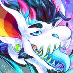  4_horns anthro black_hair blue_eyes dragon eyebrows glitter hair headshot_portrait horn hybrid lionfish low_res male mel_nathea multi_horn multicolored_ears portrait rainbow_ears rainbow_teeth solo teeth tongue tongue_out vincent(huf13) white_body 