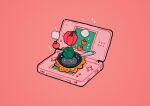 absurdres bell_pepper fire food frying_pan handheld_game_console highres isometric meyoco nintendo_ds no_humans original pink_background simple_background smoke sparkle tomato vegetable 