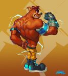  1boy black_footwear brown_hair crash_bandicoot_(series) crunch_bandicoot facing_away furry furry_male grin highres looking_at_viewer looking_back muscular muscular_male pants psyoui shoes short_hair signature simple_background smile solo watermark yellow_pants 