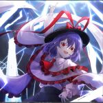  1girl :3 :d black_headwear black_skirt bow capelet commentary_request frilled_shawl frills hat hat_bow index_finger_raised lightning long_sleeves looking_at_viewer nagae_iku open_mouth red_bow red_eyes rokuya_(68_zusao) shawl shirt signature skirt smile solo touhou upper_body white_capelet white_shirt 