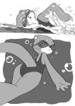  4_fingers absurd_res anthro black_nose breasts bubble clothed clothing digital_media_(artwork) eyewear female fingers frown fur goggles hi_res kemokin_mania looking_back mammal monochrome ms._ota_(kemokin_mania) mustelid one-piece_swimsuit open_mouth otter simple_background solo swimming swimming_goggles swimwear tail underwater water 