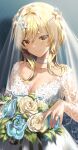 1girl blonde_hair blush bouquet breasts bridal_veil cleavage closed_mouth dress flower genshin_impact hair_flower hair_ornament highres jewelry large_breasts long_sleeves looking_at_viewer lumine_(genshin_impact) ring see-through silence_girl simple_background smile solo veil wedding_dress wedding_ring white_dress yellow_eyes 