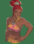  1girl breasts dark-skinned_female dark_skin eyeshadow gerudo green_background green_eyes green_eyeshadow green_lips highres karsh_(the_legend_of_zelda) lipstick makeup medium_breasts midriff muscular muscular_female pointy_ears pomelomelon red_hair short_hair smile solo the_legend_of_zelda upper_body 