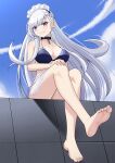  1girl adapted_costume azur_lane barefoot belfast_(azur_lane) bikini blue_bikini blue_eyes blue_sky blush braid breasts closed_mouth cloud cloudy_sky day eyelashes feet floating_hair foreshortening full_body grey_hair hand_on_own_knee highres knees_together_feet_apart large_breasts legs lemon_kele long_hair looking_at_viewer maid_headdress miniskirt outdoors see-through see-through_skirt shadow sitting skirt sky soles solo swept_bangs swimsuit thighs toenails toes 