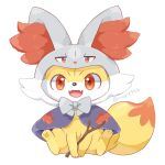  alternate_color artist_name capelet clothed_pokemon cosplay delphox fangs fennekin full_body highres hood hooded_capelet kana_(maple926) looking_at_viewer open_mouth pokemon pokemon_(creature) red_eyes simple_background sitting skin_fangs solo stick twitter_username white_background 