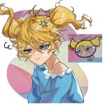  1girl absurdres anger_vein blonde_hair blue_eyes blue_pajamas bubbles_(ppg) closed_mouth derivative_work hair_between_eyes highres mato-c messy_hair multicolored_background multiple_views pajamas powerpuff_girls single_bare_shoulder sleepy twintails white_background 