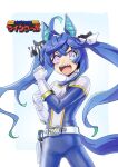  1girl @_@ ahoge alternate_costume animal_ears as&#039;maria belt blue_hair blue_pants blue_turbo blue_turbo_(cosplay) bow clenched_hands cosplay cowboy_shot crossed_bangs hair_bow hands_up heterochromia holster horse_ears horse_girl horse_tail kousoku_sentai_turboranger logo_parody long_hair looking_at_viewer open_mouth pants pink_eyes purple_eyes sharp_teeth shirt signature skin_tight smile solo super_sentai tail teeth turtleneck twin_turbo_(umamusume) twintails umamusume white_background 