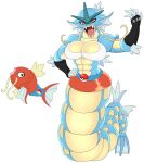  abs anthro armwear black_eyes blue_body bottomwear clothing duo female fin generation_1_pokemon gyarados handwear hi_res legless magikarp muscular nintendo pokeball pokemon pokemon_(species) red_body red_eyes simple_background skirt teeth topwear urusee584 white_background 