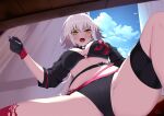  1girl ahoge ashino_moto bikini black_bikini black_gloves blue_sky breasts cameltoe cloud crotch fate/grand_order fate_(series) from_below gloves holding holding_pen jeanne_d&#039;arc_alter_(fate) jeanne_d&#039;arc_alter_(swimsuit_berserker)_(fate) large_breasts looking_at_viewer looking_down navel open_mouth pen shrug_(clothing) sky solo swimsuit thighs v-shaped_eyebrows white_hair yellow_eyes 