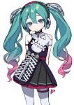  1girl absurdres aqua_eyes aqua_hair arms_behind_back artist_logo bare_shoulders choker closed_mouth clothing_cutout commentary cowboy_shot dress gradient_hair hair_between_eyes hair_ornament hatsune_miku headphones heart heart-shaped_pupils heart_cutout highres light_smile long_hair looking_at_viewer multicolored_hair pantyhose pink_hair purple_hair red_pupils redauto ribs shoulder_cutout signature simple_background skeletal_hand skeleton skeleton_costume skull solo stitched_neck stitches symbol-only_commentary symbol-shaped_pupils thigh_strap twintails vocaloid white_background white_pantyhose 