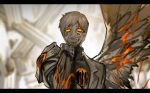  1boy armor colored_sclera feathered_wings flaming_eyes gauntlets grey_hair grey_jacket grey_sweater grey_wings hole_in_chest hole_on_body jacket library_of_ruina long_sleeves molten_rock nishikujic no_pupils orange_sclera philip_(library_of_ruina) project_moon single_wing solo sweater turtleneck turtleneck_sweater wing_collar wings 