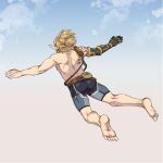  1boy animal_ears ass barefoot blue_shorts commentary_request from_behind full_body light_brown_hair link male_focus monbetsu_kuniharu outstretched_arms pointy_ears shorts shoulder_tattoo skydive solo tattoo the_legend_of_zelda the_legend_of_zelda:_tears_of_the_kingdom tight_clothes topless_male 