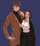  absurdres arm_around_waist bdpp black_eyes black_pants black_shirt blue_background breasts brown_coat brown_eyes brown_hair cleavage coat grabbing highres jewelry long_hair long_sleeves necklace pants saliva saliva_trail shirt standing sweatdrop tongue tongue_out turtleneck white_shirt 