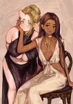  2girls black_dress blonde_hair blush breasts brown_eyes brown_hair cleavage closed_mouth dark-skinned_female dark_skin demi_(nashidrop) dress green_eyes highres horns large_breasts long_hair looking_at_viewer multiple_girls nashidrop on_chair original pear_(nashidrop) pointy_ears single_horn sitting small_breasts smile white_dress 