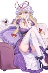  1girl ankle_bow blonde_hair bow breasts choker cleavage couch crossed_legs cup dress drinking_glass elbow_gloves frills gloves gunnjou_yosio hand_on_own_face hat high_heels highres holding holding_cup large_breasts long_hair mob_cap on_couch open_mouth pillow purple_dress purple_eyes red_bow sitting thighhighs touhou white_background white_thighhighs wine_glass yakumo_yukari 